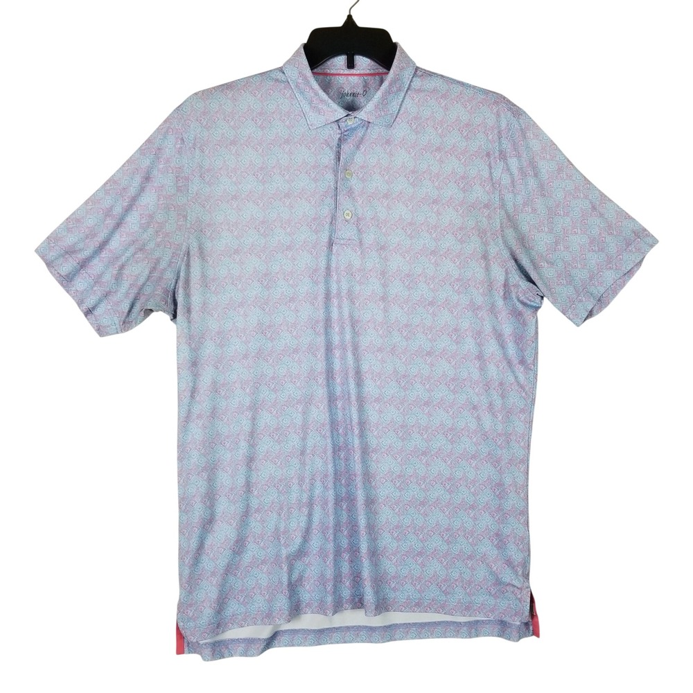 Johnnie-O Polo Shirt Mens Large Blue Pink Geometric Diamond Stretch UPF 50 203S